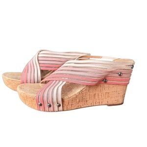 Lucky Brand Pink and Cream Wedge Sandals with Cork Heel